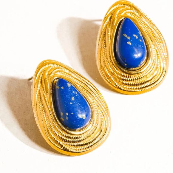 Thura 18K Gold Non-Tarnish Hypoallergenic Lapis Lazuli Droplet Earring - Picture 4 of 5